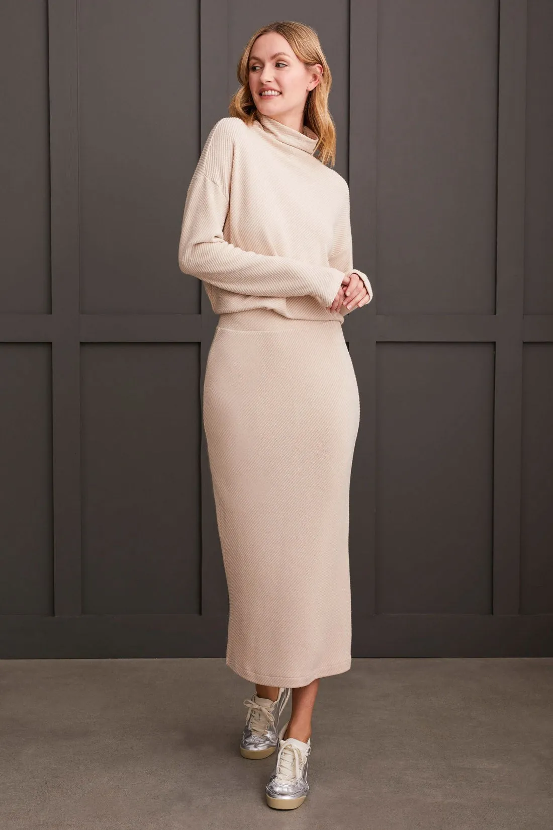 Pull-On Midi Skirt With Elastic Waist-Beige sold by Tribal