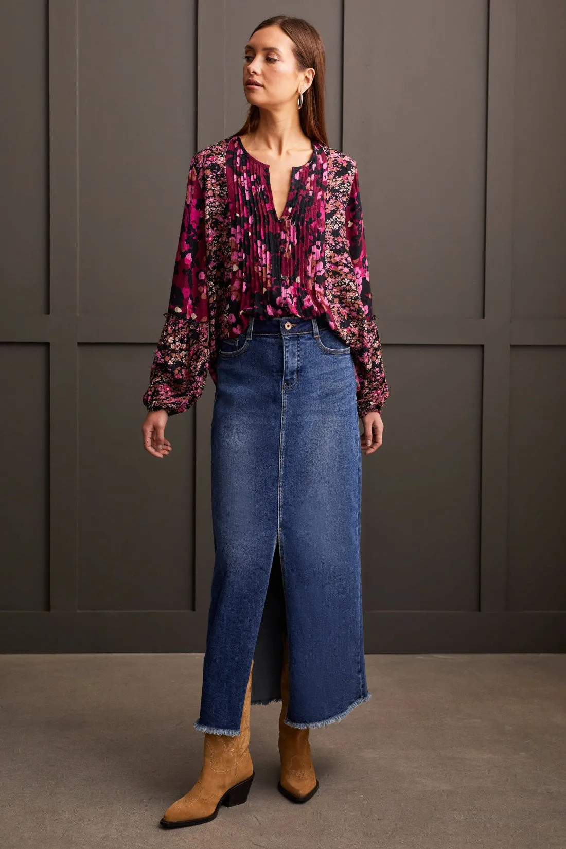 BUTTON-UP BLOUSE WITH COMBO PRINT-Port wine sold by Tribal