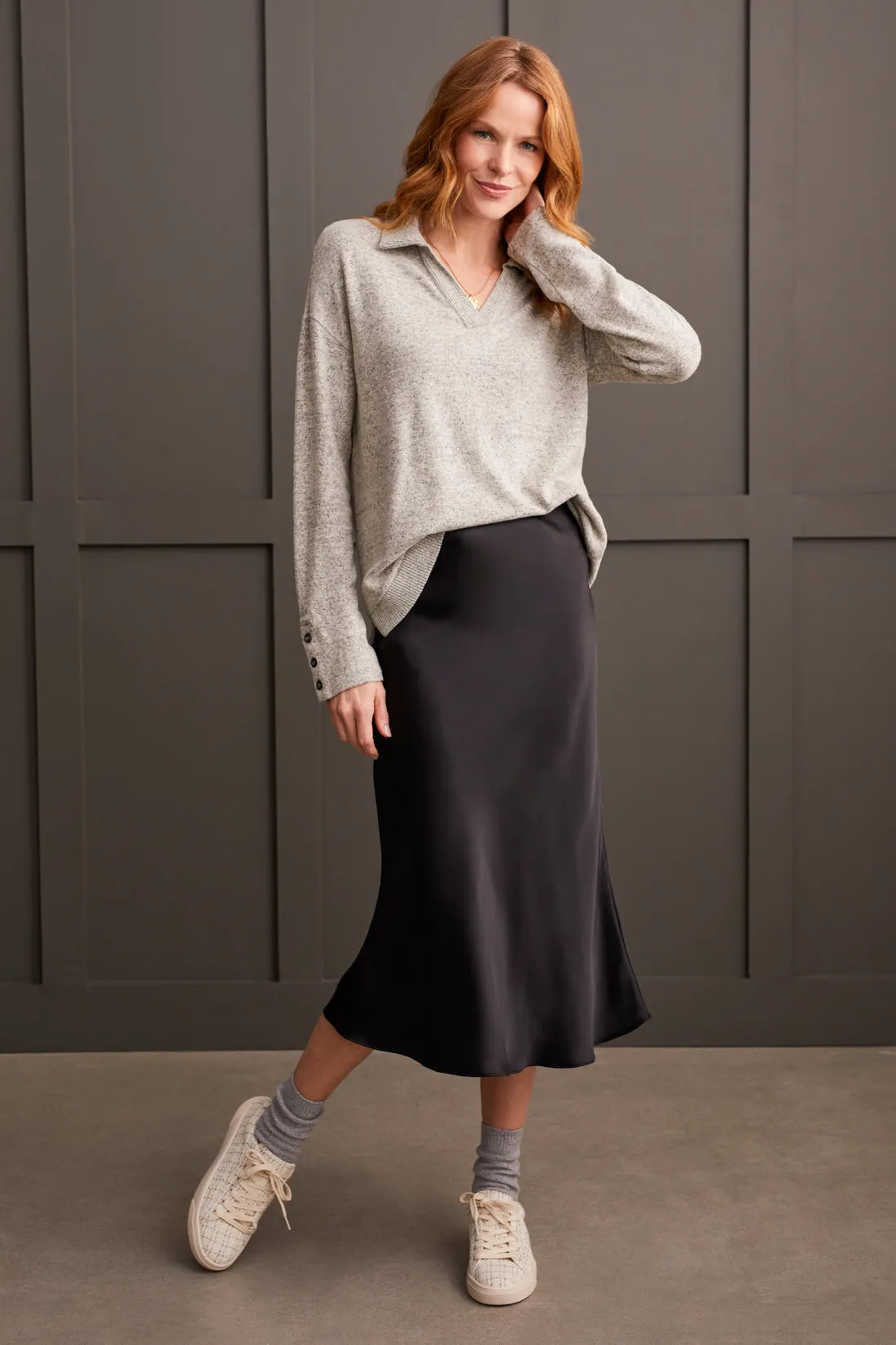 Brushed Knit Collared Top With Rib Combo-Moonstone sold by Tribal