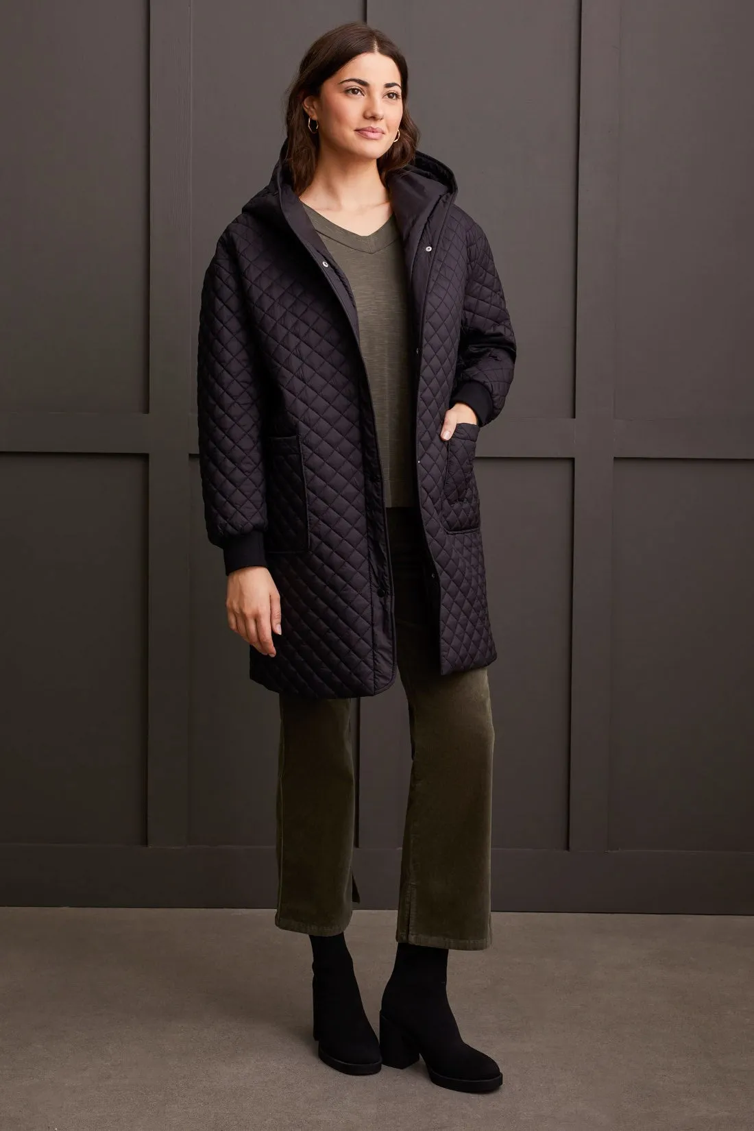 Cocoon Miniquilted Dolman Coat With Snap-Up Front-Black sold by Tribal