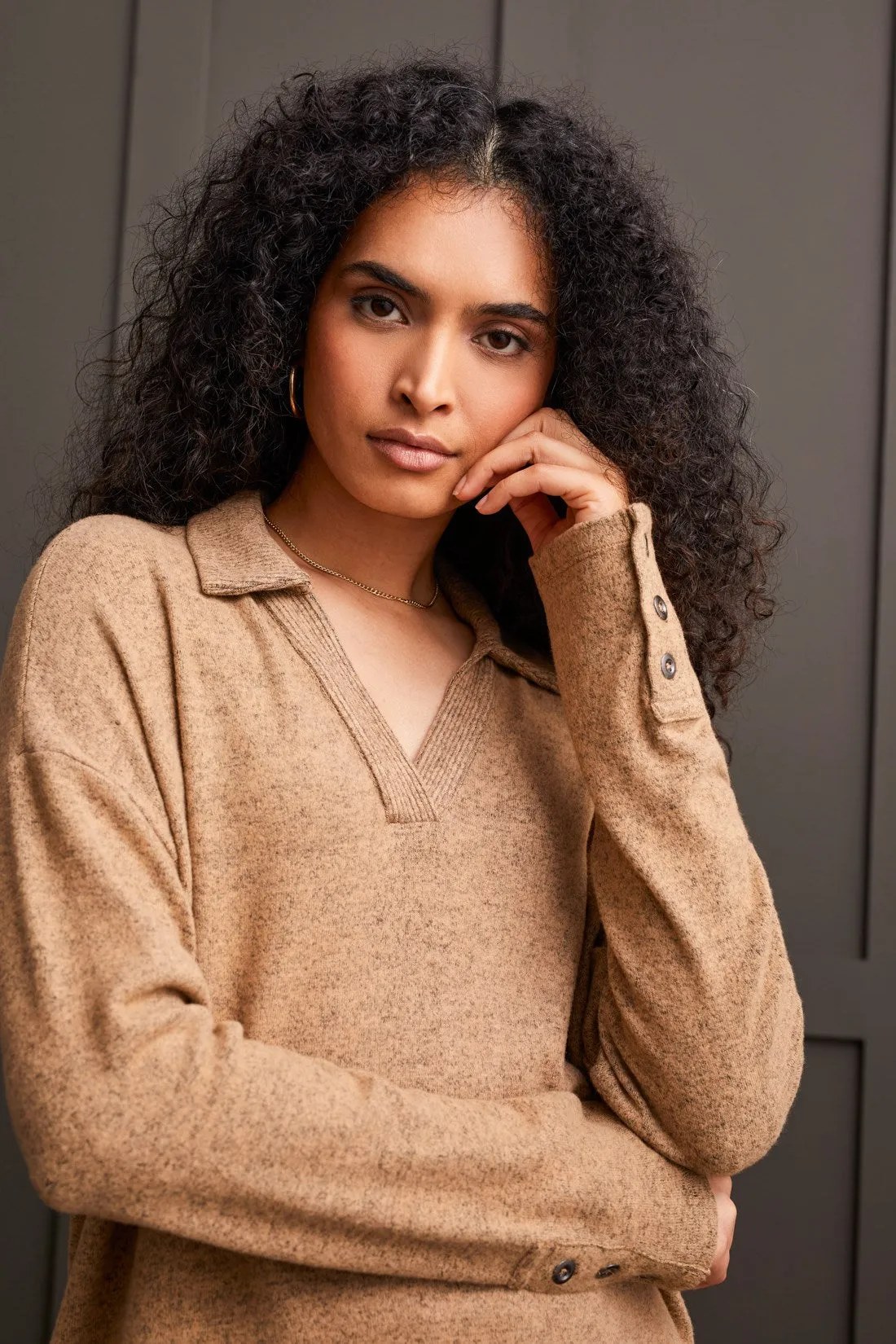 Brushed Knit Collared Top With Rib Combo-Tan sold by Tribal
