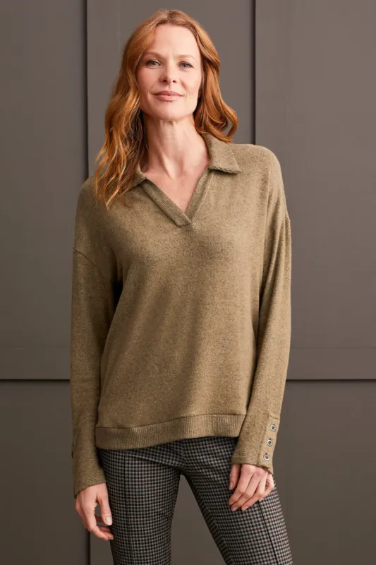 Brushed Knit Collared Top With Rib Combo-Aloe sold by Tribal