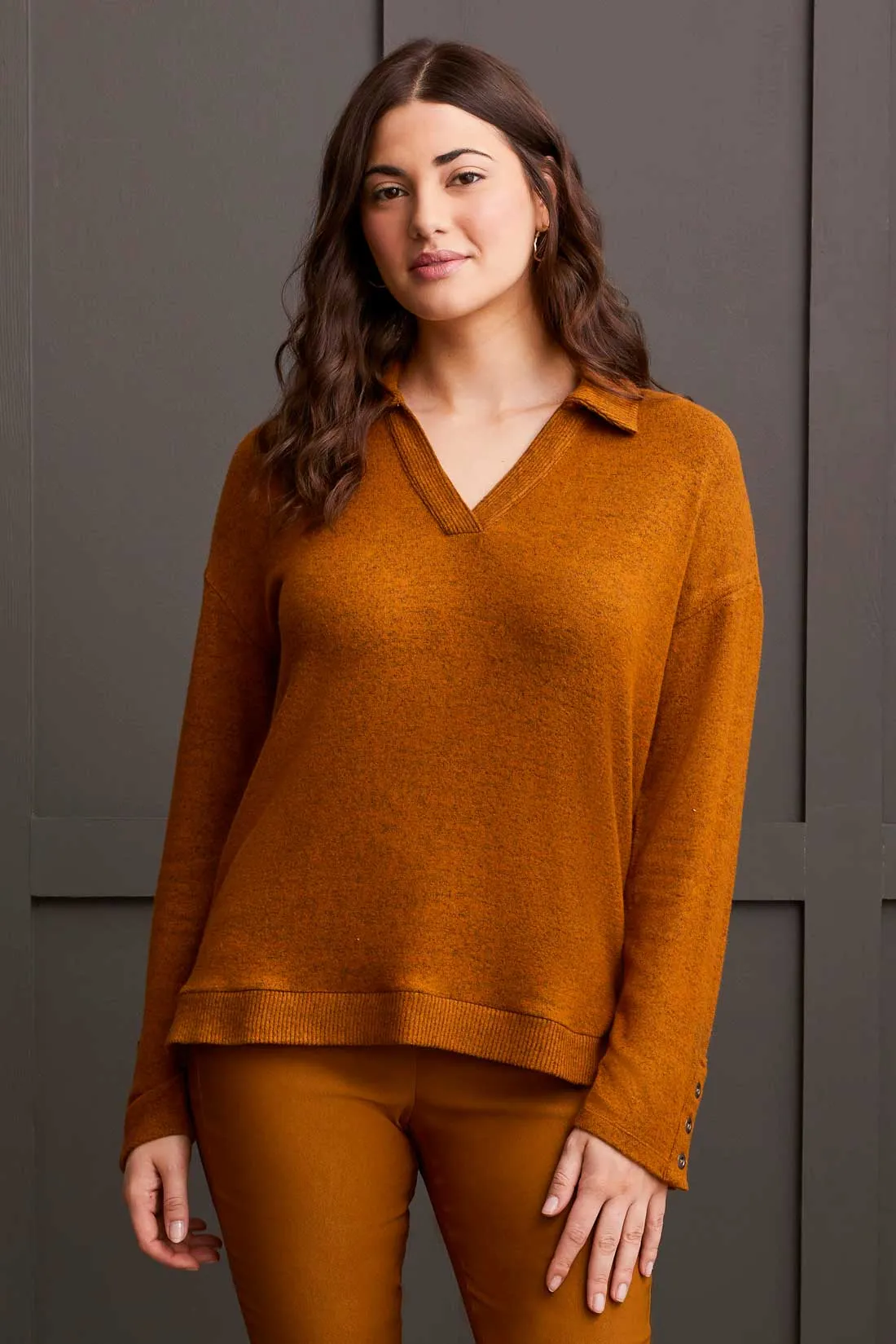 Brushed Knit Collared Top With Rib Combo-Auburn sold by Tribal