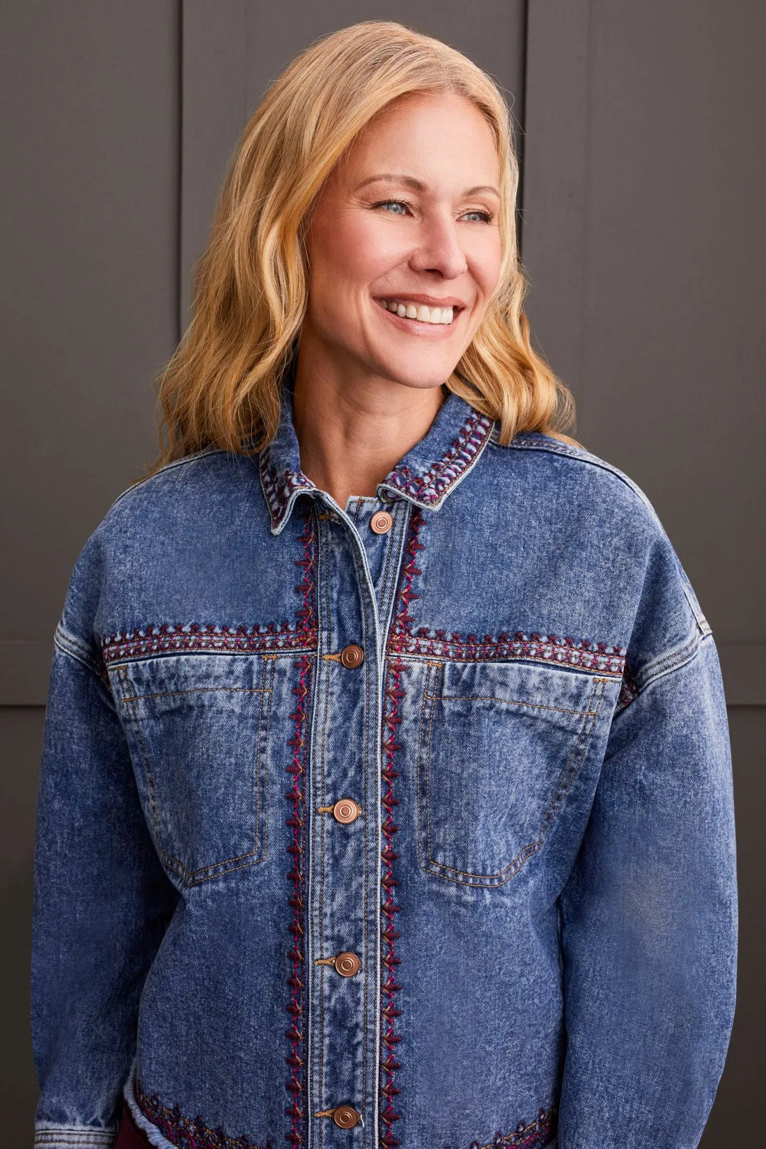 Embroidered Cropped Denim Shacket-Strong Blue sold by Tribal