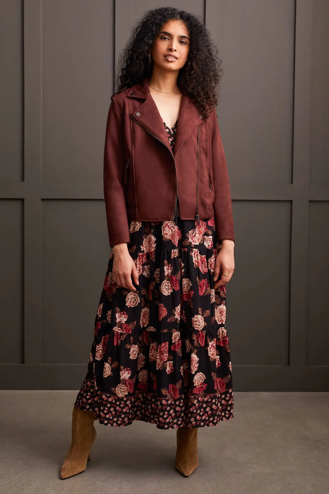 Faux Suede Biker Jacket-Rum sold by Tribal