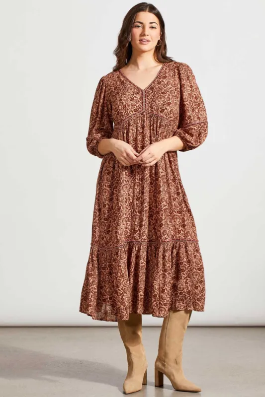 FLOWY CHALLIS DRESS WITH EMBROIDERED SLEEVES-Cappuccino sold by Tribal