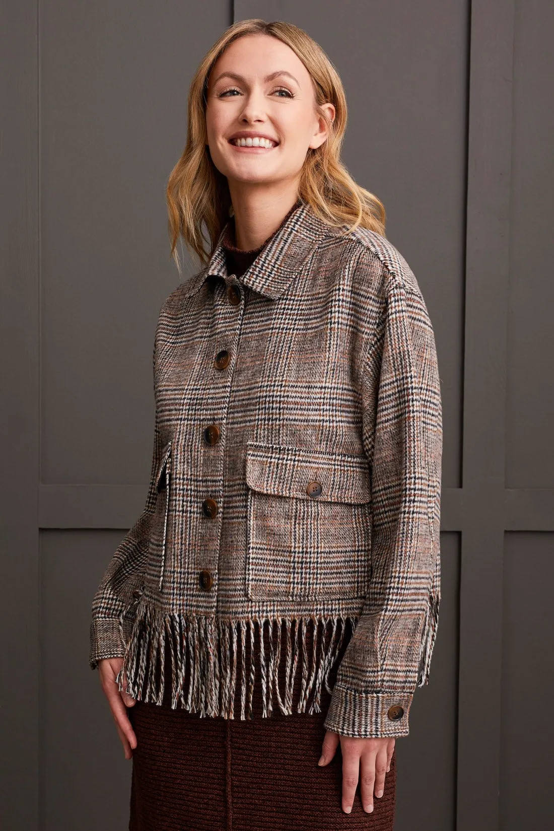 Cropped Shacket With Fringe Hem-Almond sold by Tribal product image thumbnail 2