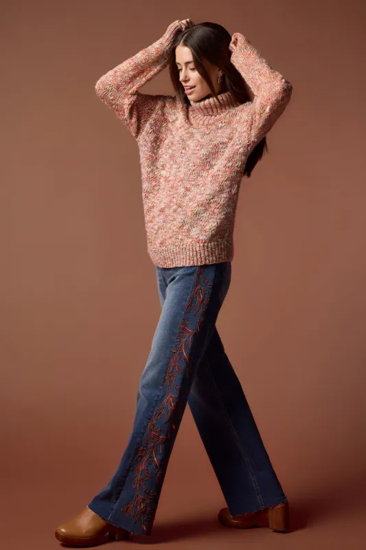 Multicolor Yarn Turtleneck Sweater With Puff Sleeves-Apricot Mist sold by Tribal