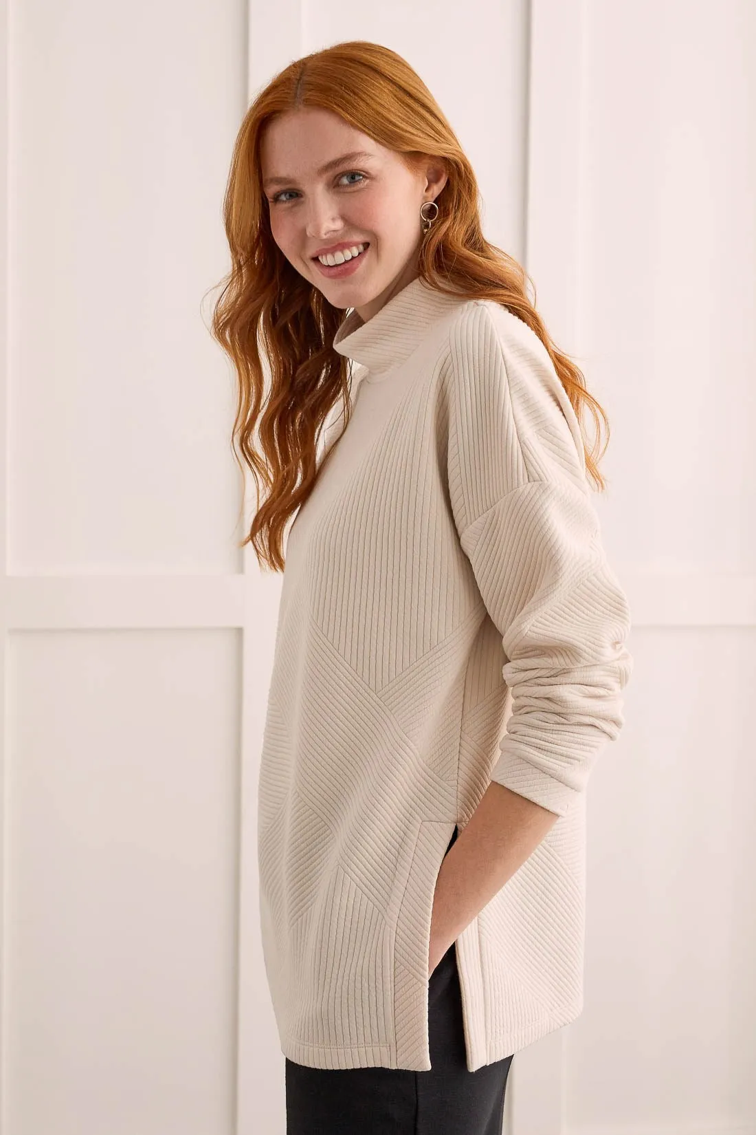 QUILTED KNIT TUNIC WITH SIDE SLITS-Oatmeal sold by Tribal product image thumbnail 3