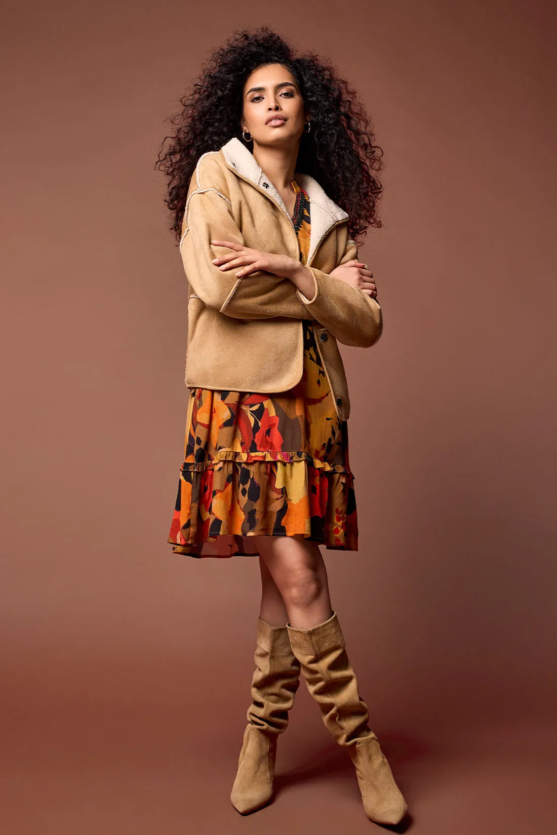 Faux Suede Reversible Sherpa Jacket-Tan sold by Tribal