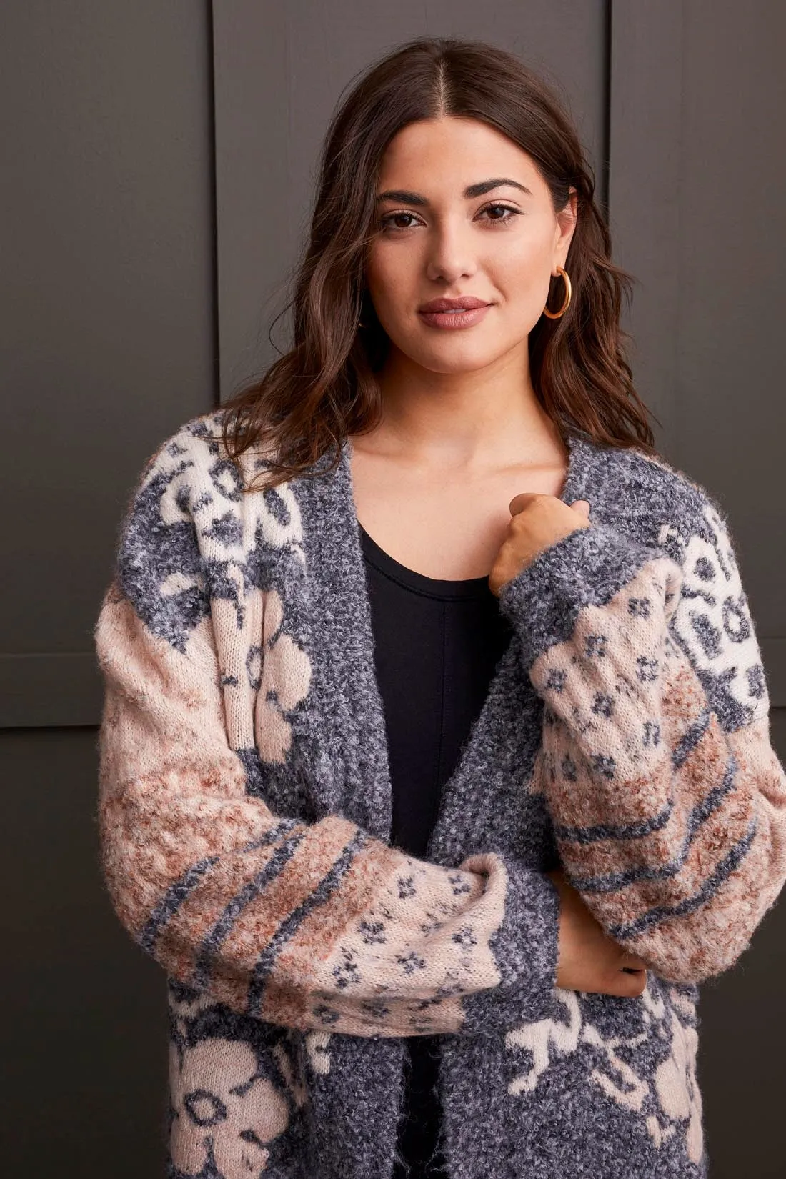 Double Knit Jacquard Sweater Cardigan-Grey Mix sold by Tribal