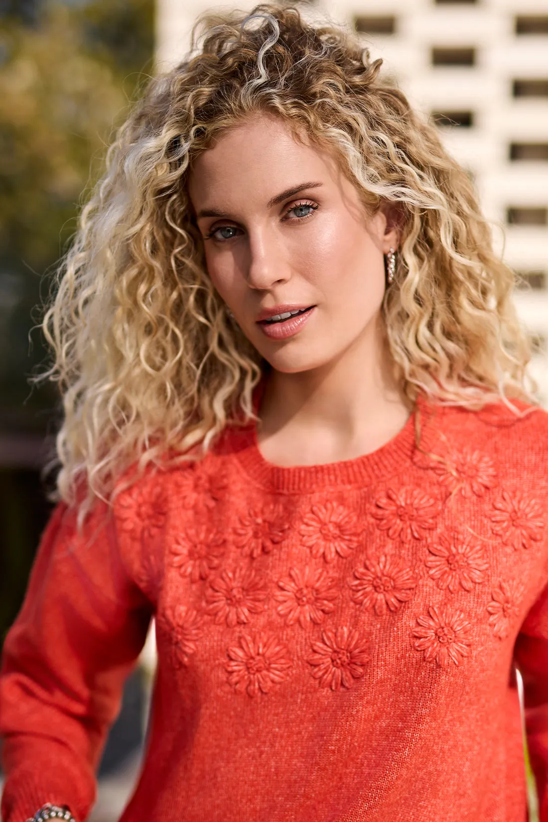 Crew Neck Sweater With Knit Floral Appliques-Crimson sold by Tribal