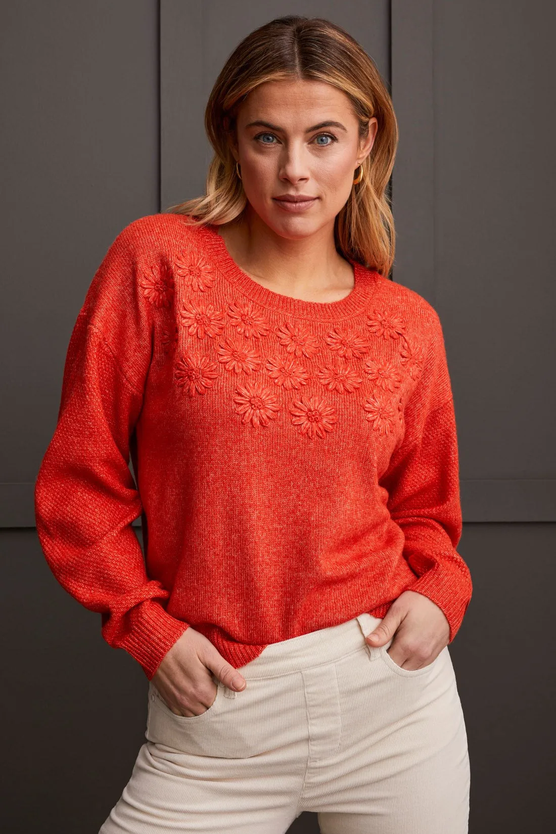 Crew Neck Sweater With Knit Floral Appliques-Crimson sold by Tribal product image thumbnail 3