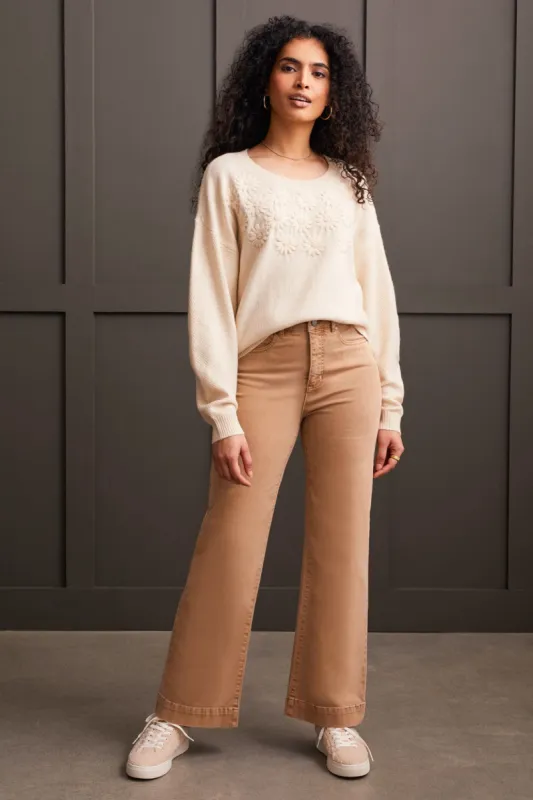 Crew Neck Sweater With Knit Floral Appliques-Moonstone sold by Tribal