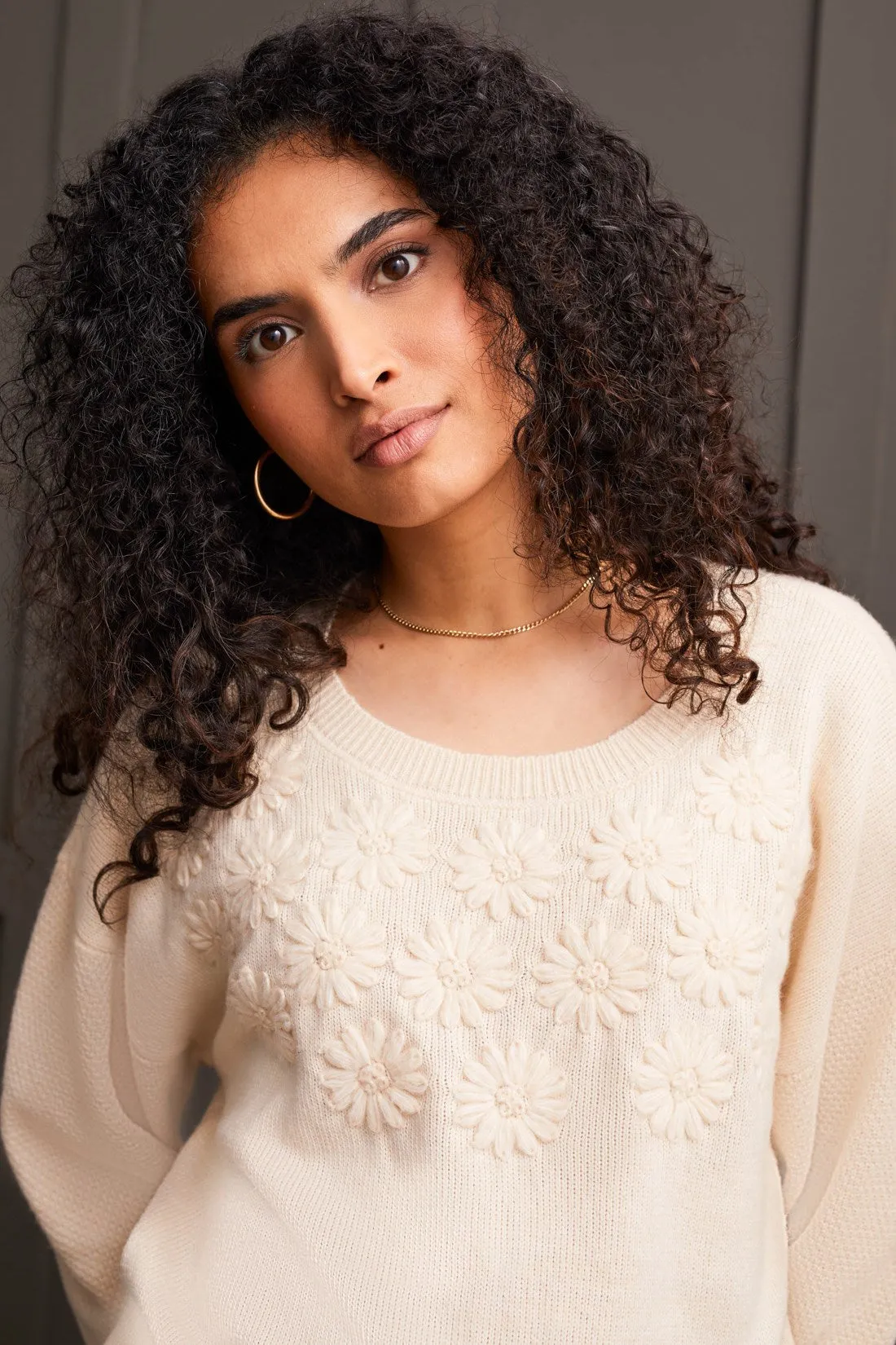 Crew Neck Sweater With Knit Floral Appliques-Moonstone sold by Tribal product image thumbnail 2