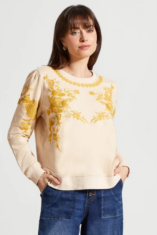 French Terry Crew Neck Top With Embroidery-Moonstone sold by Tribal