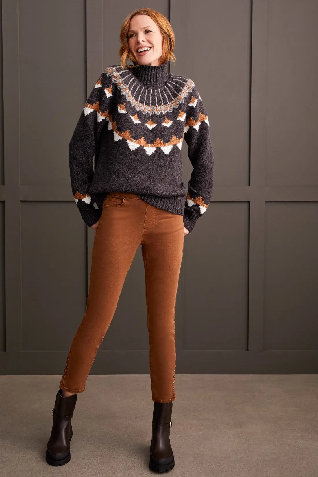 NOVELTY YARN MOCK NECK INTARSIA SWEATER-Walnut sold by Tribal