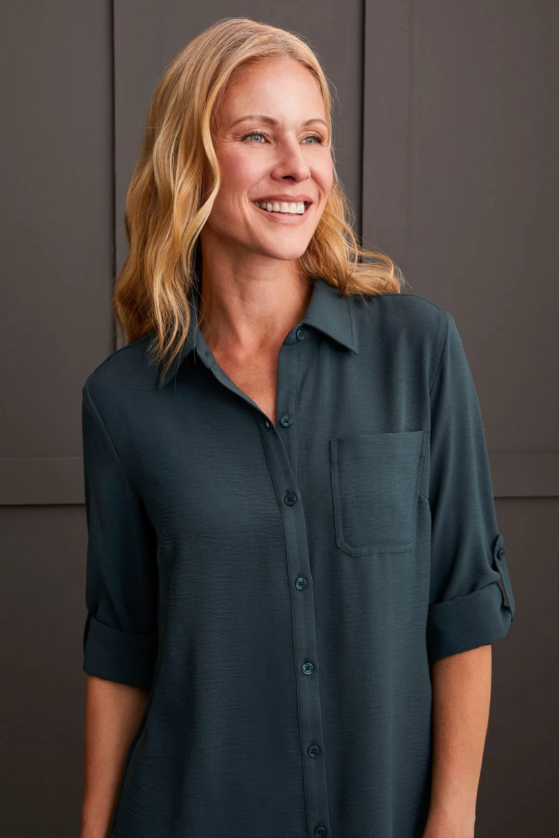 Pebbled Crepe Roll-Sleeve Tunic Shirt-Alpine Green sold by Tribal product image thumbnail 4