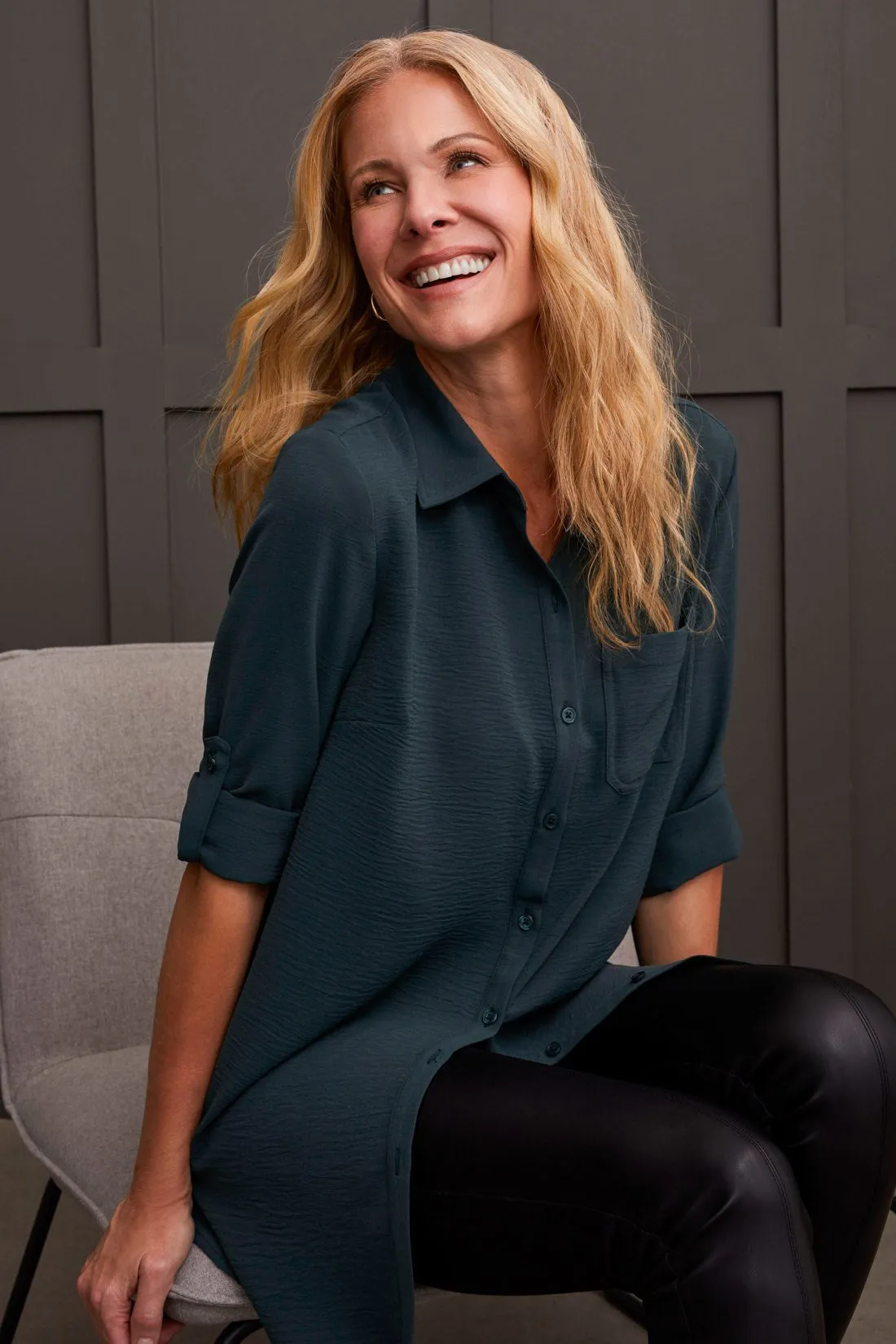 Pebbled Crepe Roll-Sleeve Tunic Shirt-Alpine Green sold by Tribal