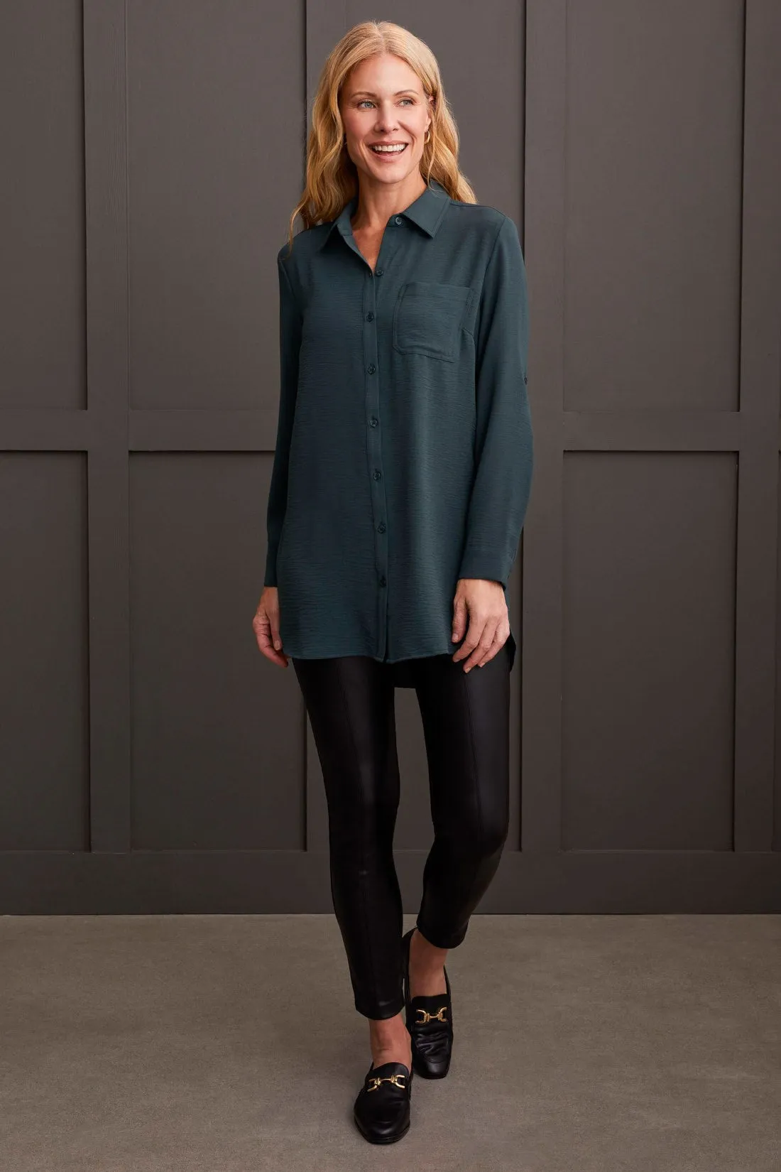 Pebbled Crepe Roll-Sleeve Tunic Shirt-Alpine Green sold by Tribal product image thumbnail 2