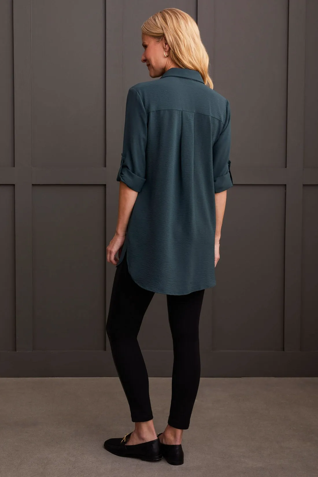 Pebbled Crepe Roll-Sleeve Tunic Shirt-Alpine Green sold by Tribal product image thumbnail 3