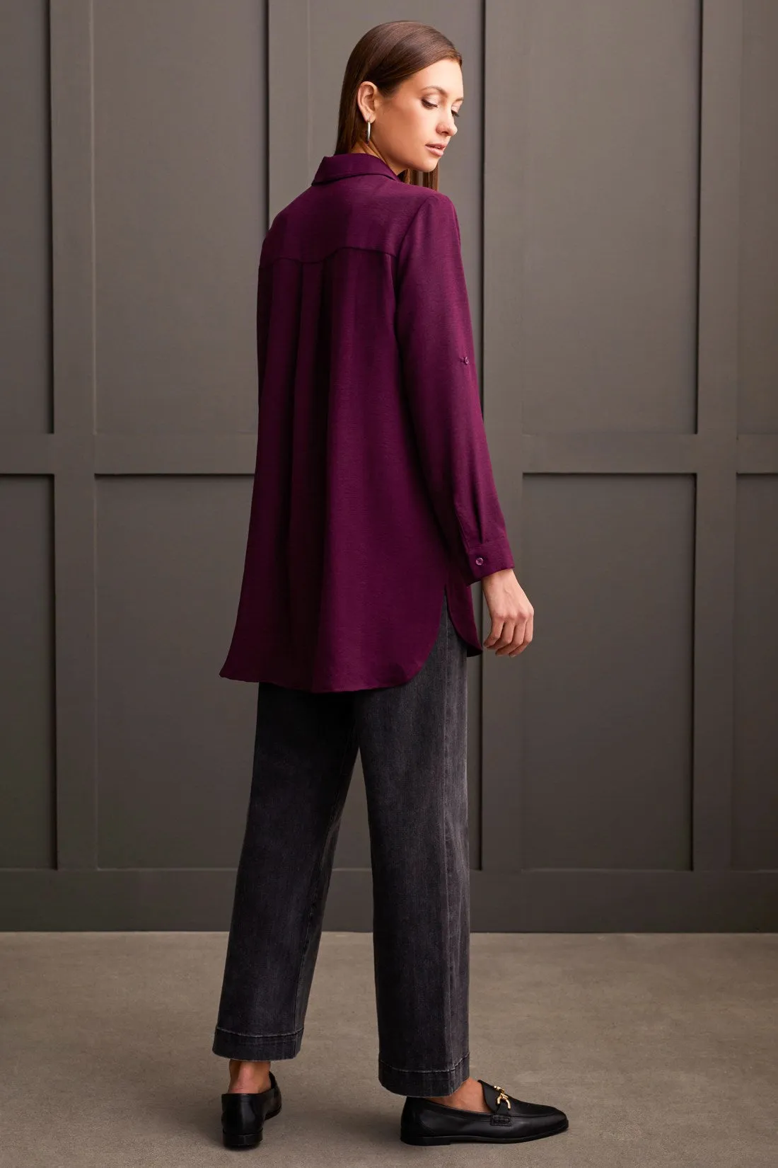 PEBBLED CREPE ROLL-SLEEVE TUNIC SHIRT-Dark plum sold by Tribal product image thumbnail 4