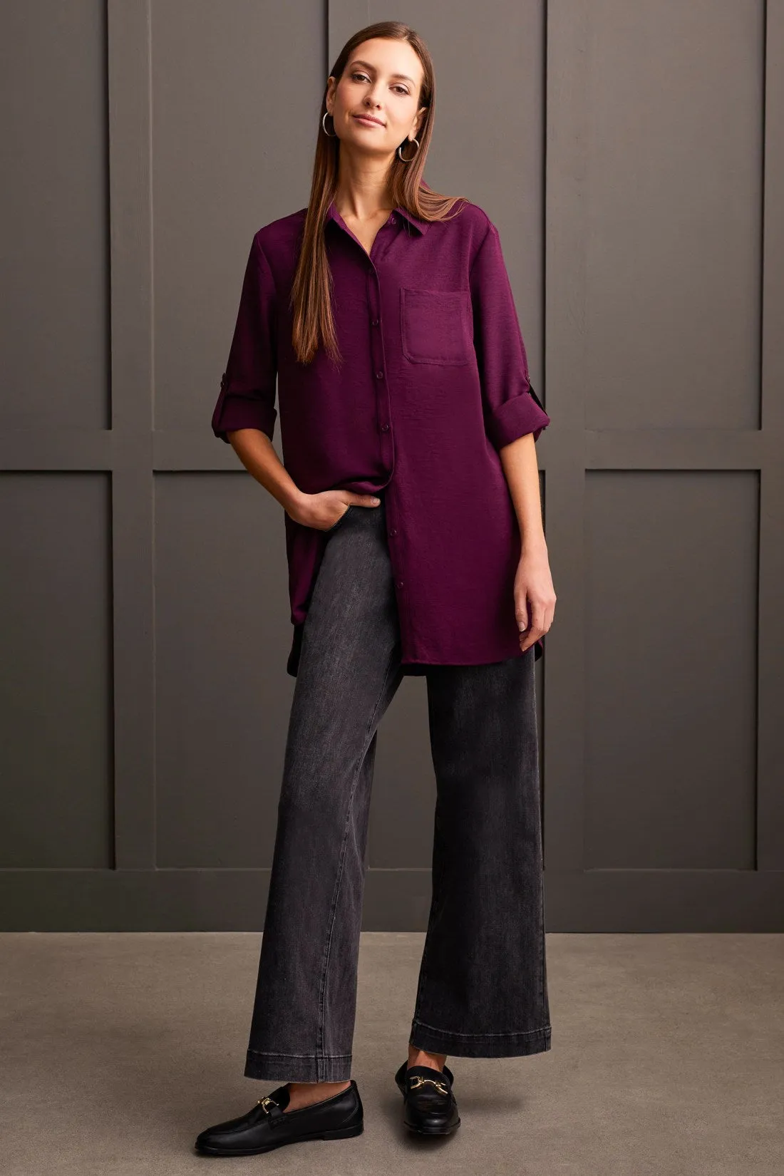 PEBBLED CREPE ROLL-SLEEVE TUNIC SHIRT-Dark plum sold by Tribal