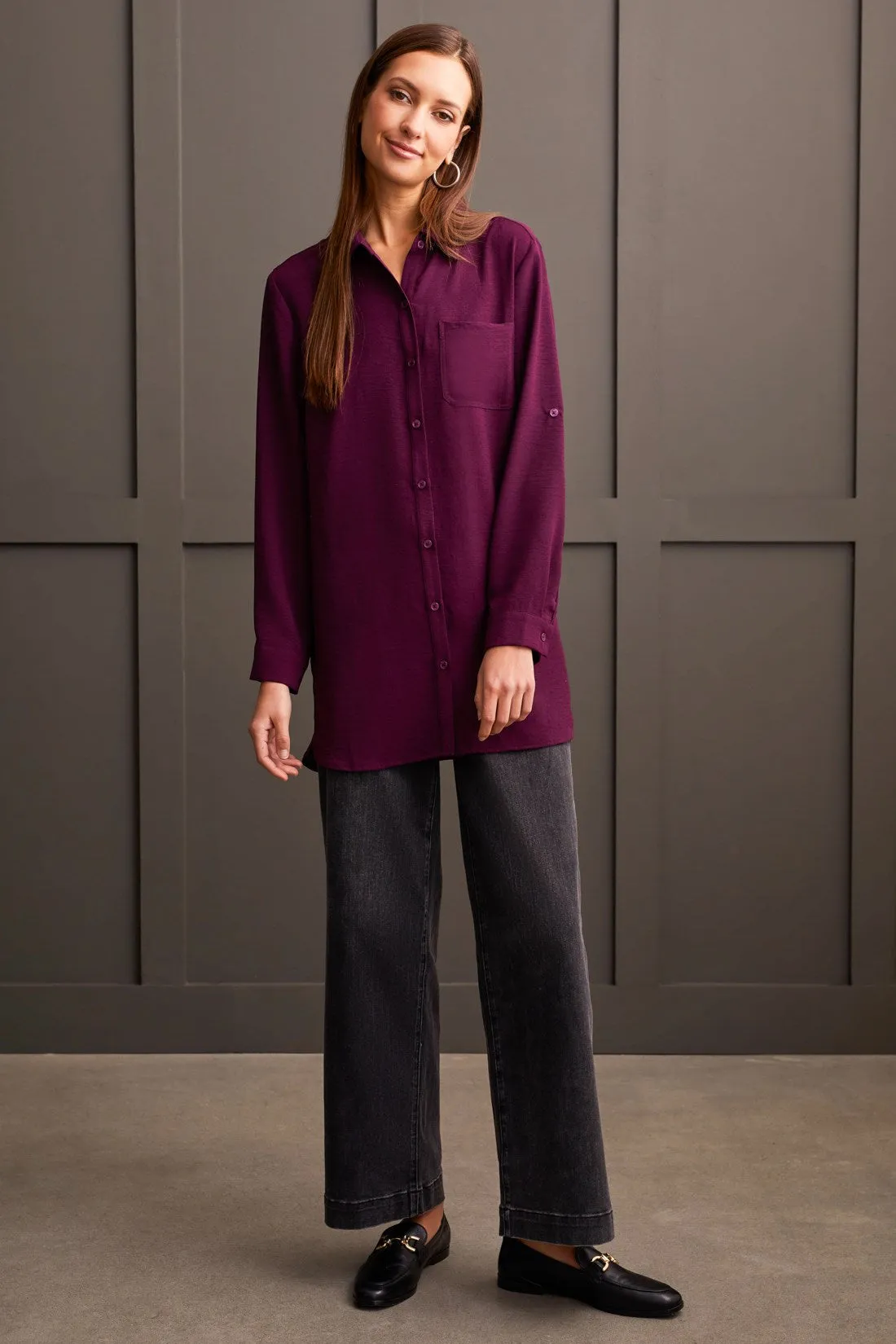 PEBBLED CREPE ROLL-SLEEVE TUNIC SHIRT-Dark plum sold by Tribal product image thumbnail 3