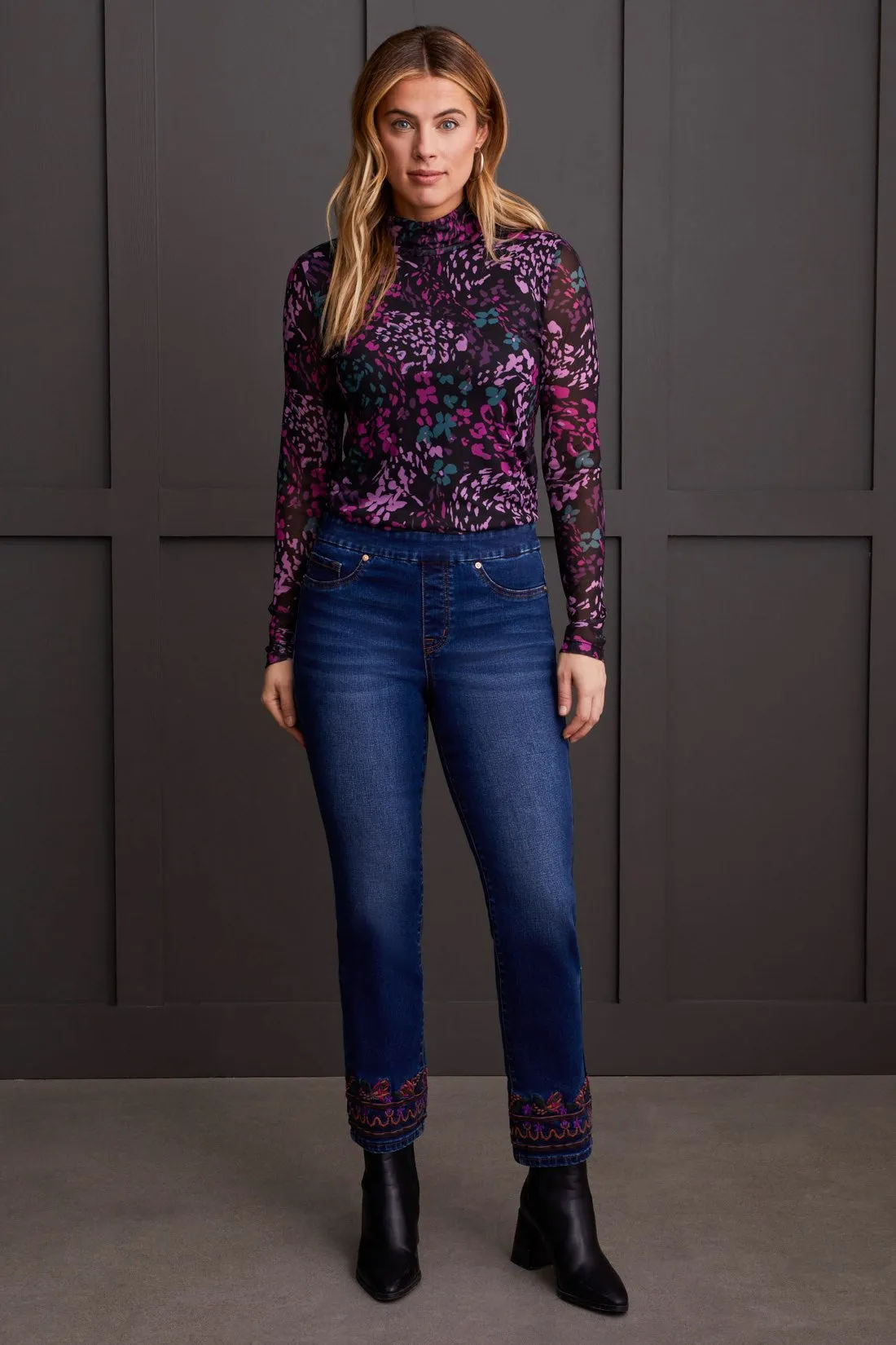 Audrey Pull-On Straight Leg Jeans With Embroidery-Dk Cobalt sold by Tribal
