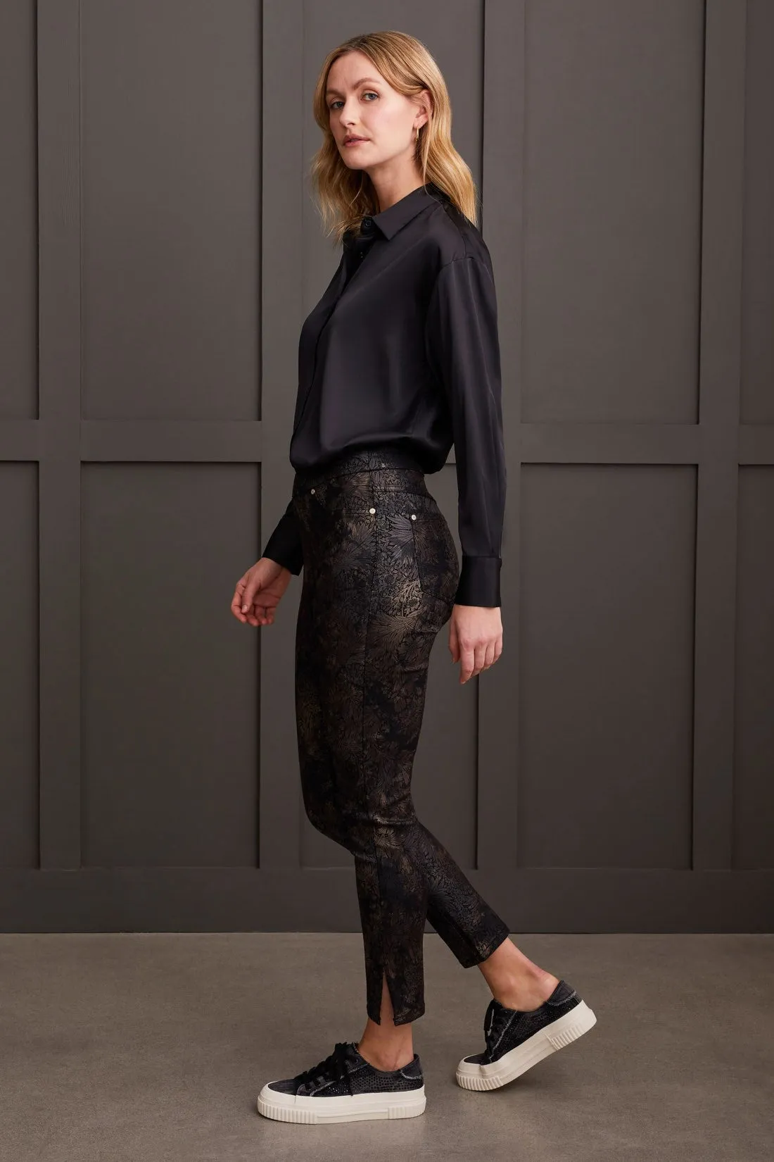 Audrey Pull-On Slim Ankle Jeans With Bronze Foil Print-Bronze sold by Tribal