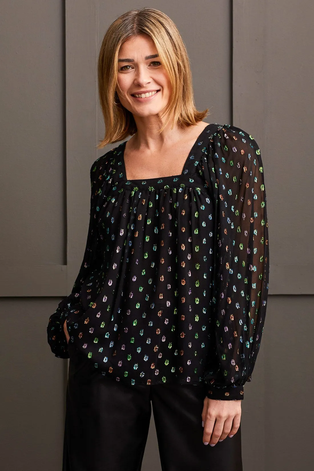 Shiny Square Neck Lined Blouse-Black sold by Tribal product image thumbnail 4