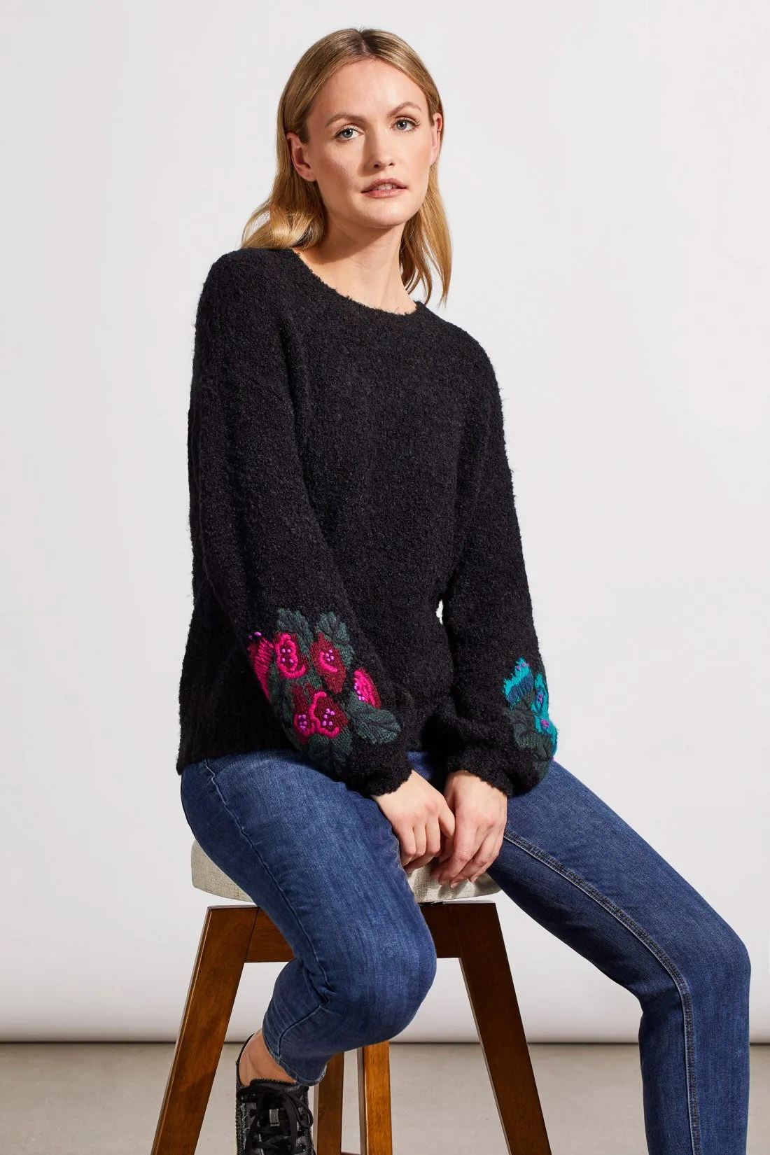 BouclÉ Drop Shoulder Sweater With Embroidered Sleeves-Black sold by Tribal product image thumbnail 5