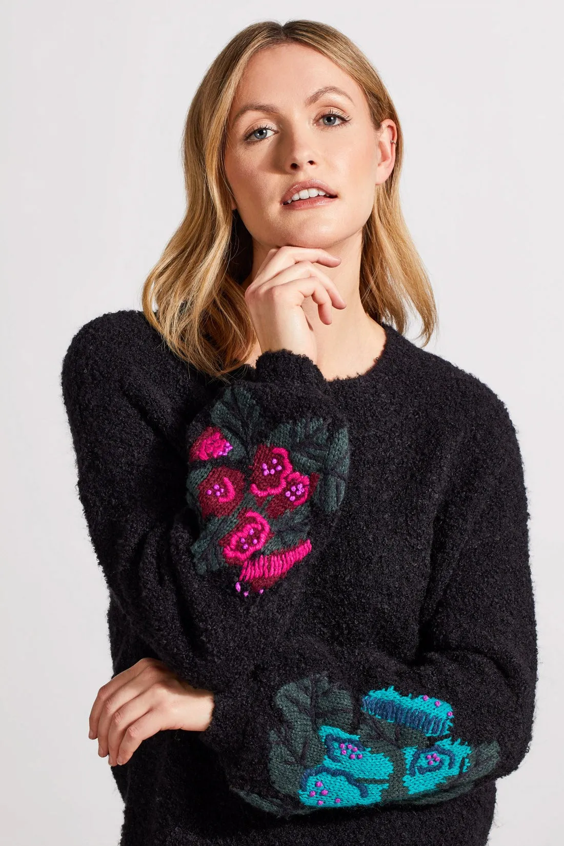 BouclÉ Drop Shoulder Sweater With Embroidered Sleeves-Black sold by Tribal product image thumbnail 2