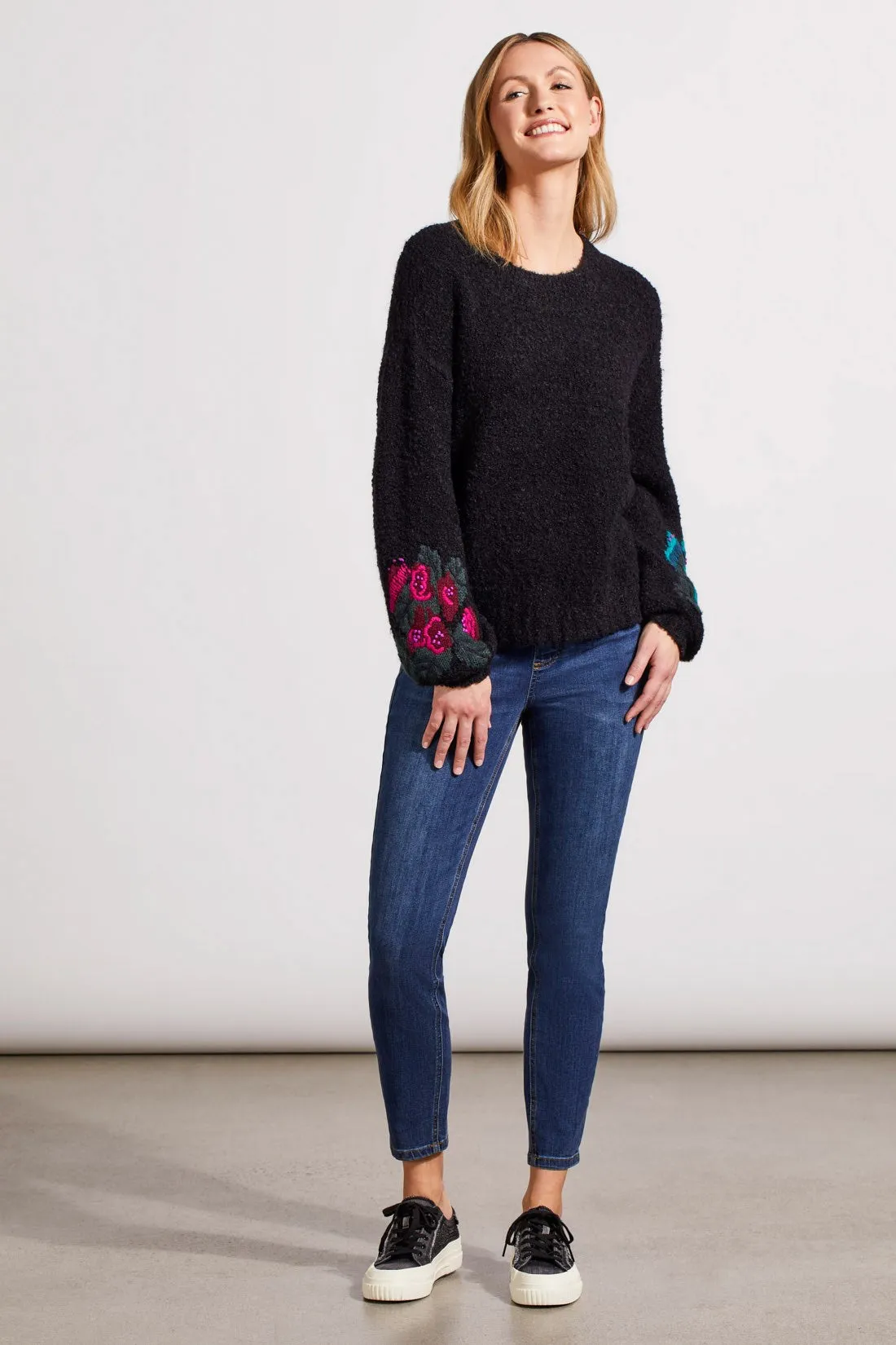 BouclÉ Drop Shoulder Sweater With Embroidered Sleeves-Black sold by Tribal product image thumbnail 3