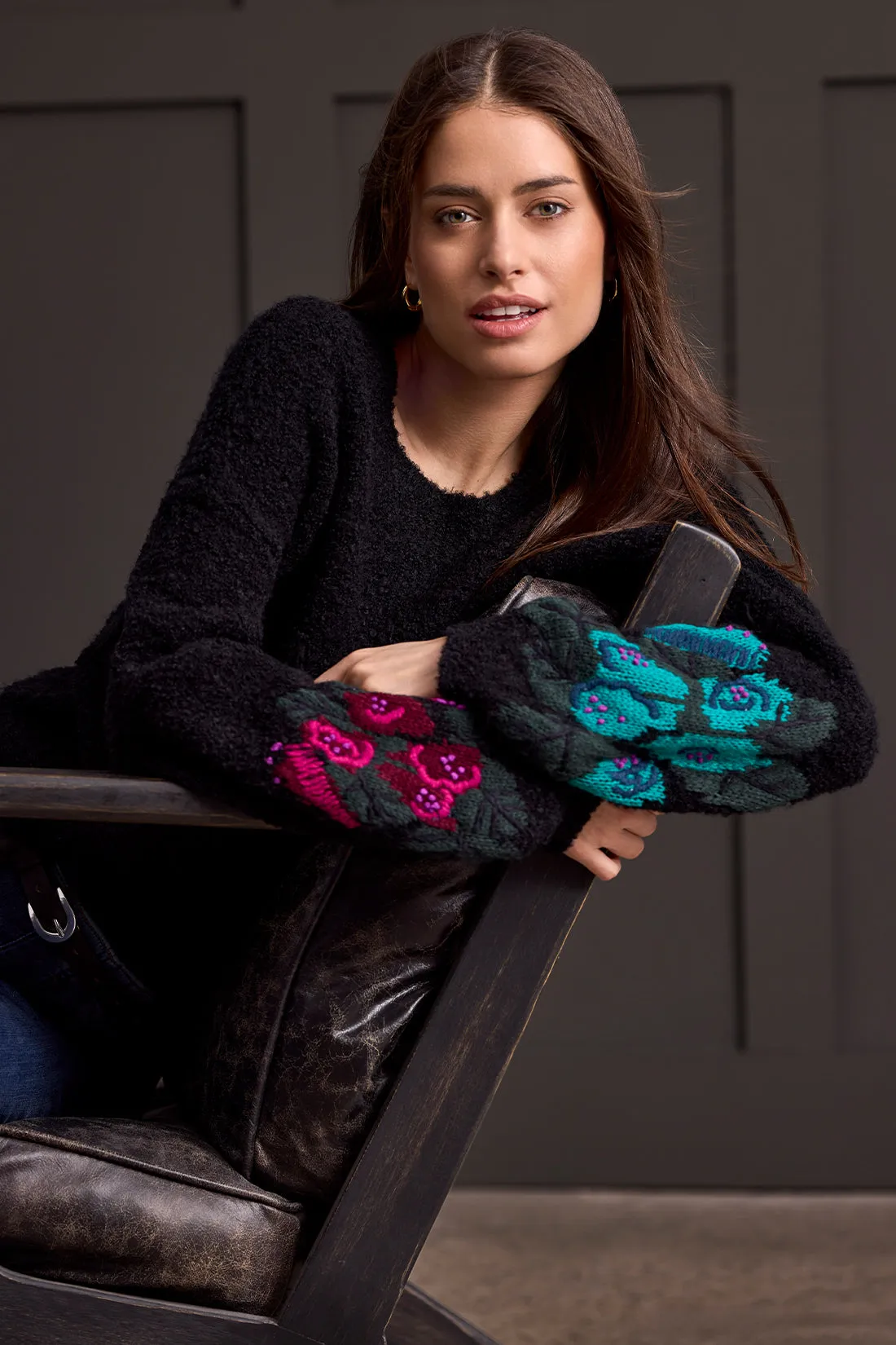 BouclÉ Drop Shoulder Sweater With Embroidered Sleeves-Black sold by Tribal