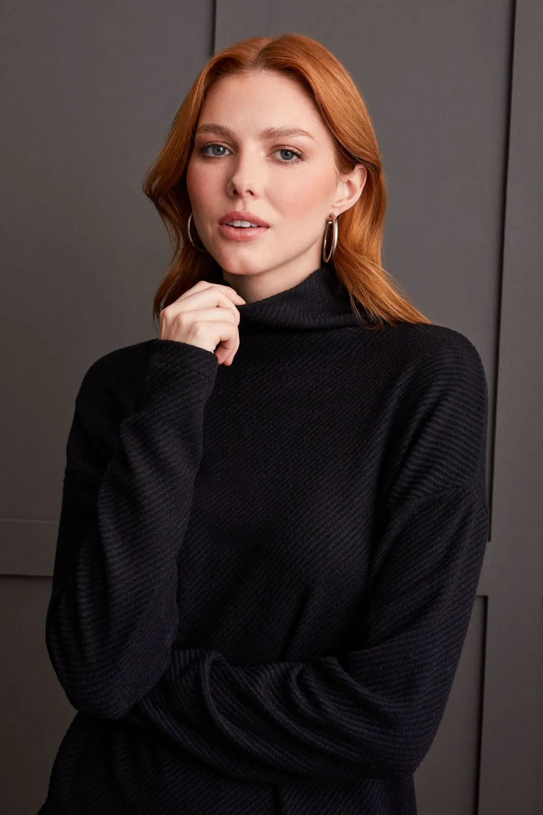 Knit Loose Fit Drop Shoulder Funnel Neck Top-Black sold by Tribal