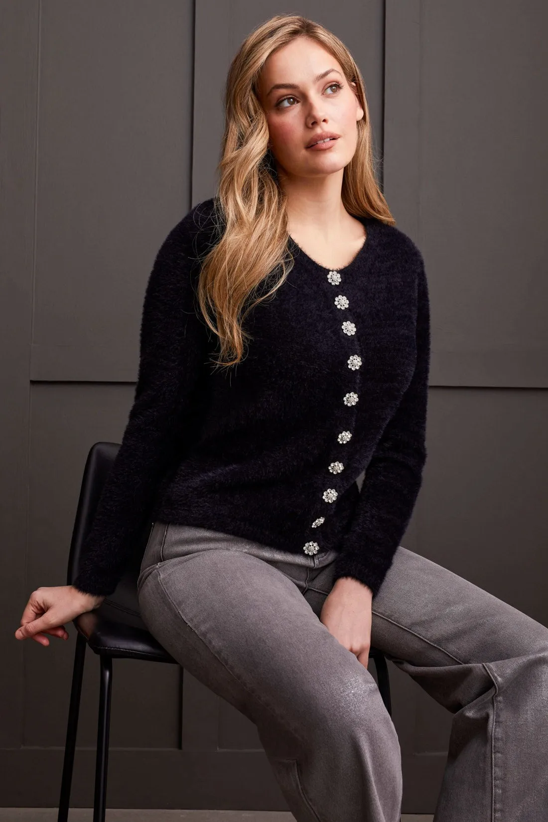 SWEATER CARDIGAN WITH FANCY BUTTONS-Black sold by Tribal