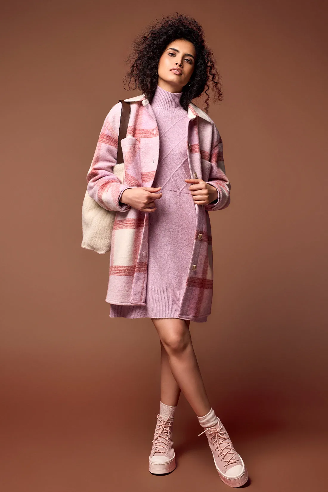 Knit Plaid Button-Up Shacket-Orchid sold by Tribal