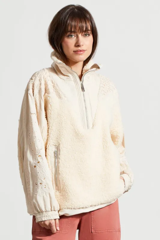 HALF-ZIP MIXED MEDIA PULLOVER WITH LACE CROCHET DETAIL-Moonstone sold by Tribal