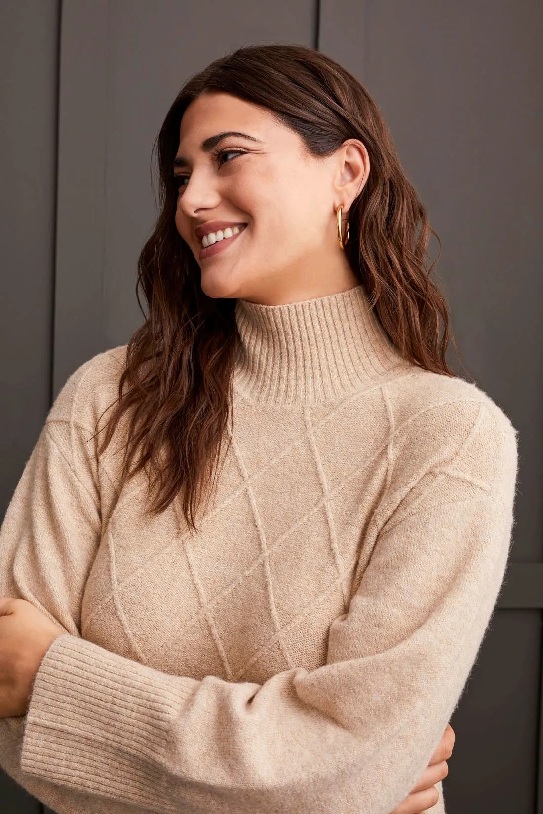 Soft BouclÉ Diamond Pattern Mock Neck Sweater Dress-Oatmeal sold by Tribal product image thumbnail 2