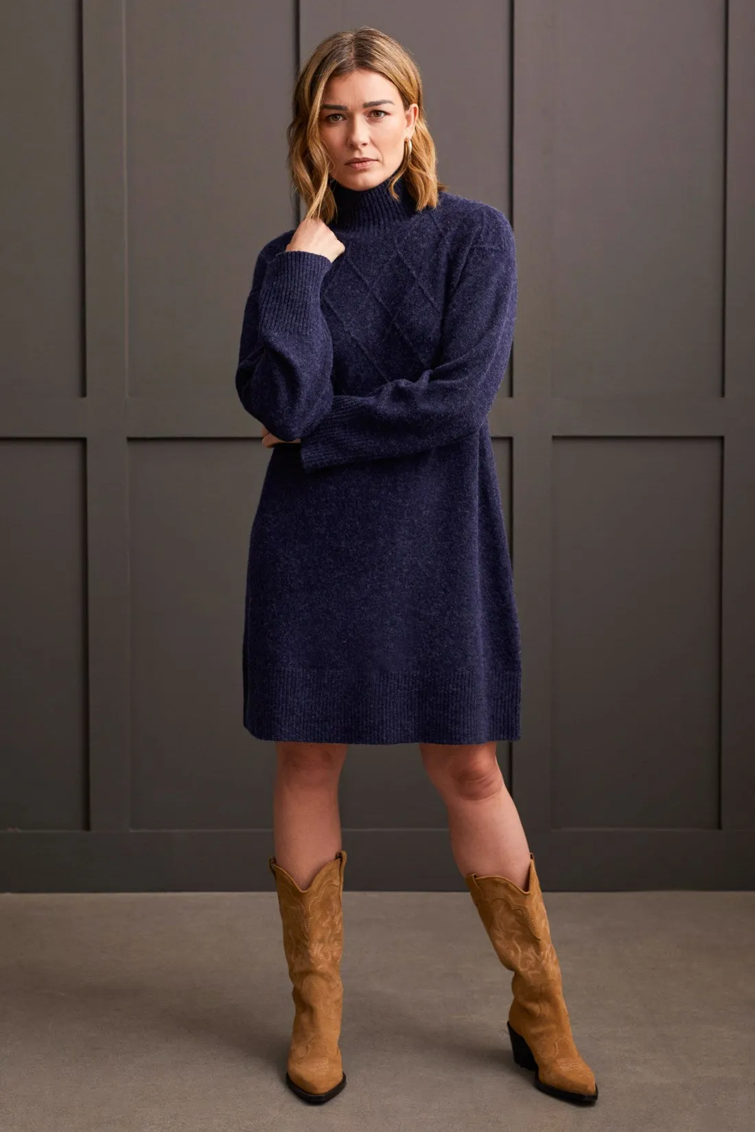 SOFT BOUCLÉ DIAMOND PATTERN MOCK NECK SWEATER DRESS-Sapphire sold by Tribal product image thumbnail 2