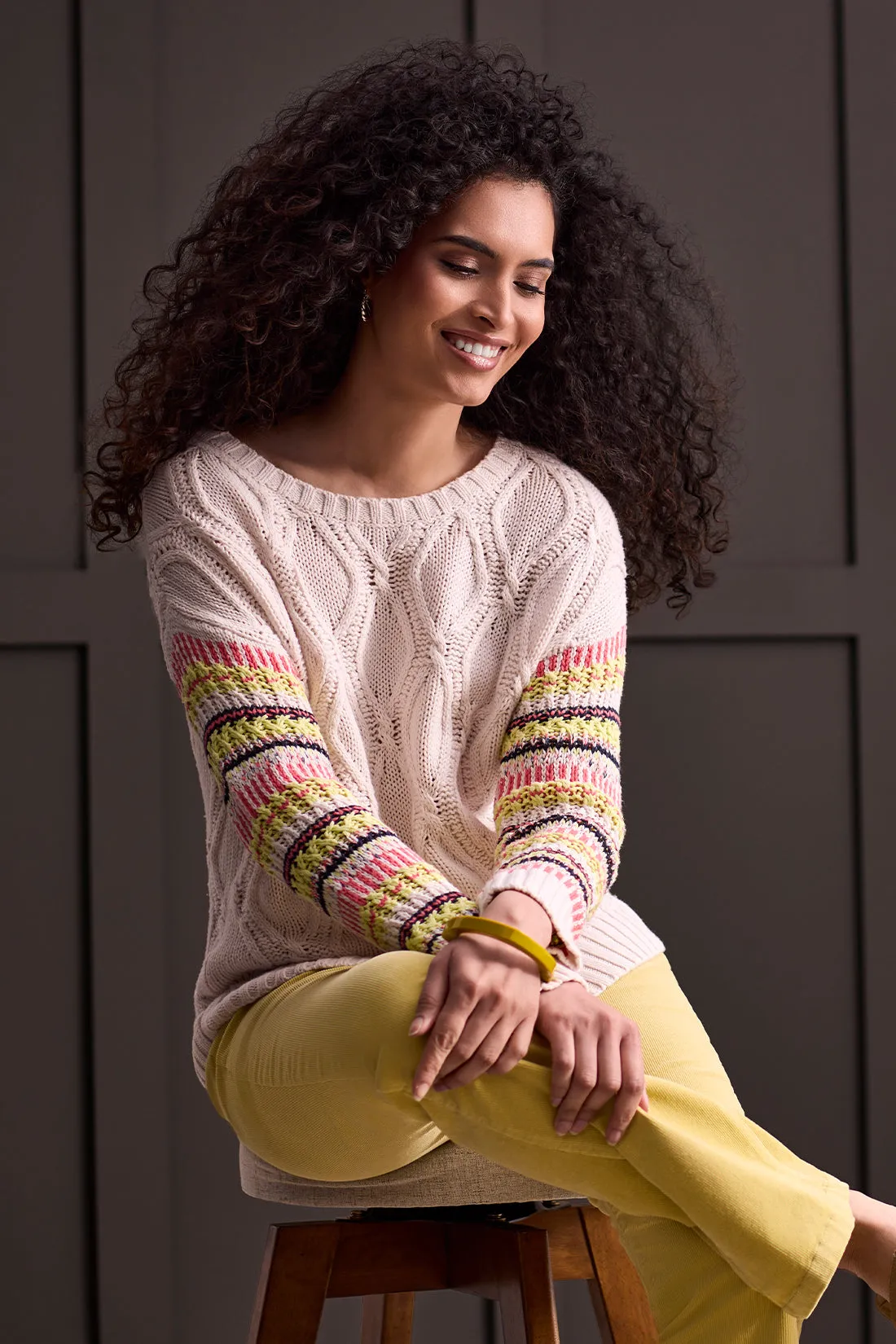 Intarsia Crew Neck Sweater With Pointelle Sleeve-Moonstone sold by Tribal