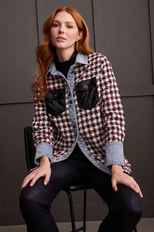 BouclÉ Shacket With Denim And Faux Leather Details-Scarlet sold by Tribal