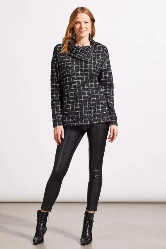 SHINY THREAD SPLIT NECK TOP WITH ZIPPERED COLLAR-Black sold by Tribal