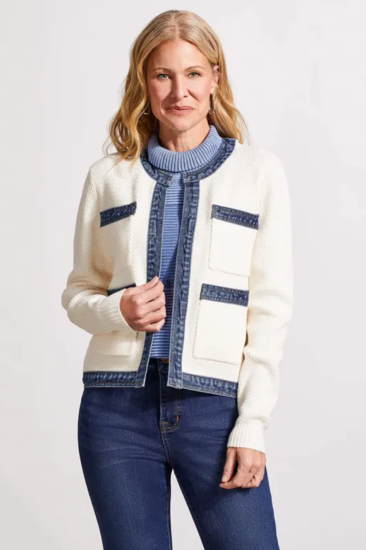 DENIM TRIM KNIT SWEATER JACKET-Eggshell sold by Tribal