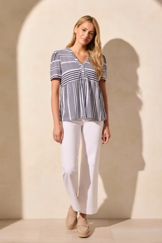 Short Flair Sleeve Empire-Waist Top-Navy made by Tribal