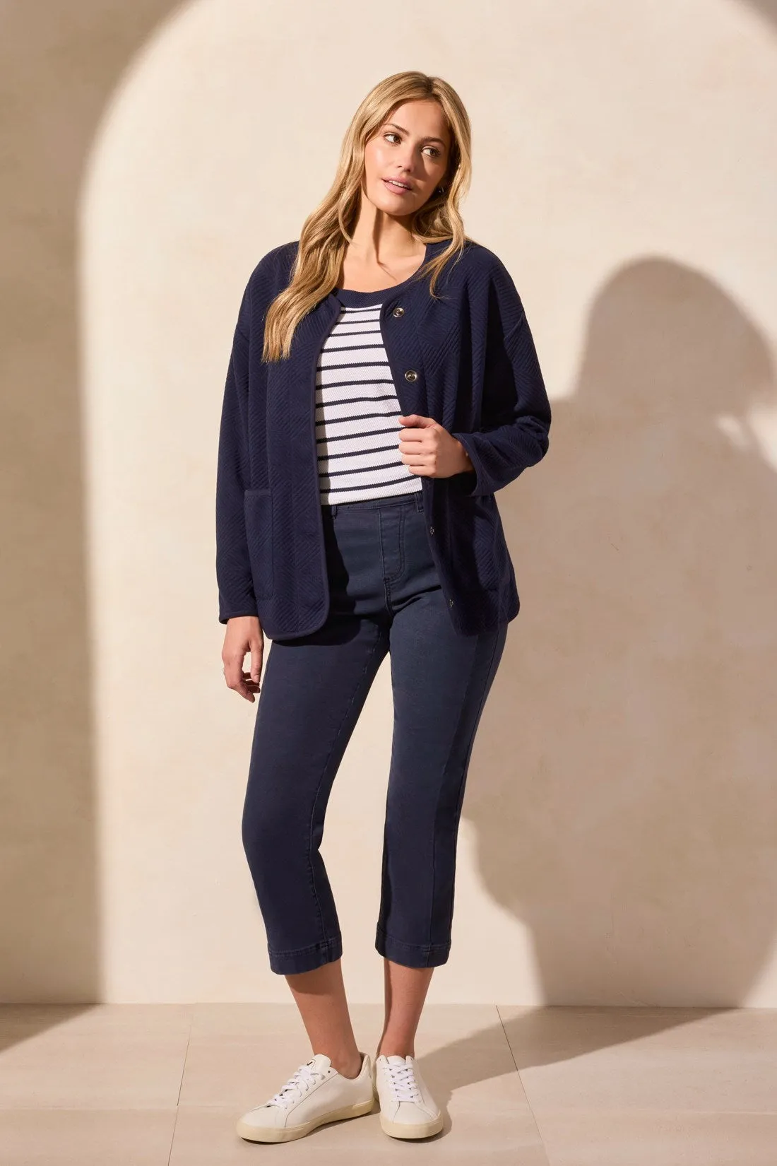 Quilted Knit Long Sleeve Cardigan With Front Pockets-Jet Blue sold by Tribal