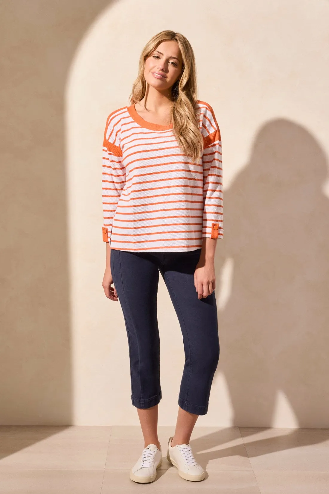 3/4 Sleeve Waffle Knit Boat Neck Top-Tangelo sold by Tribal