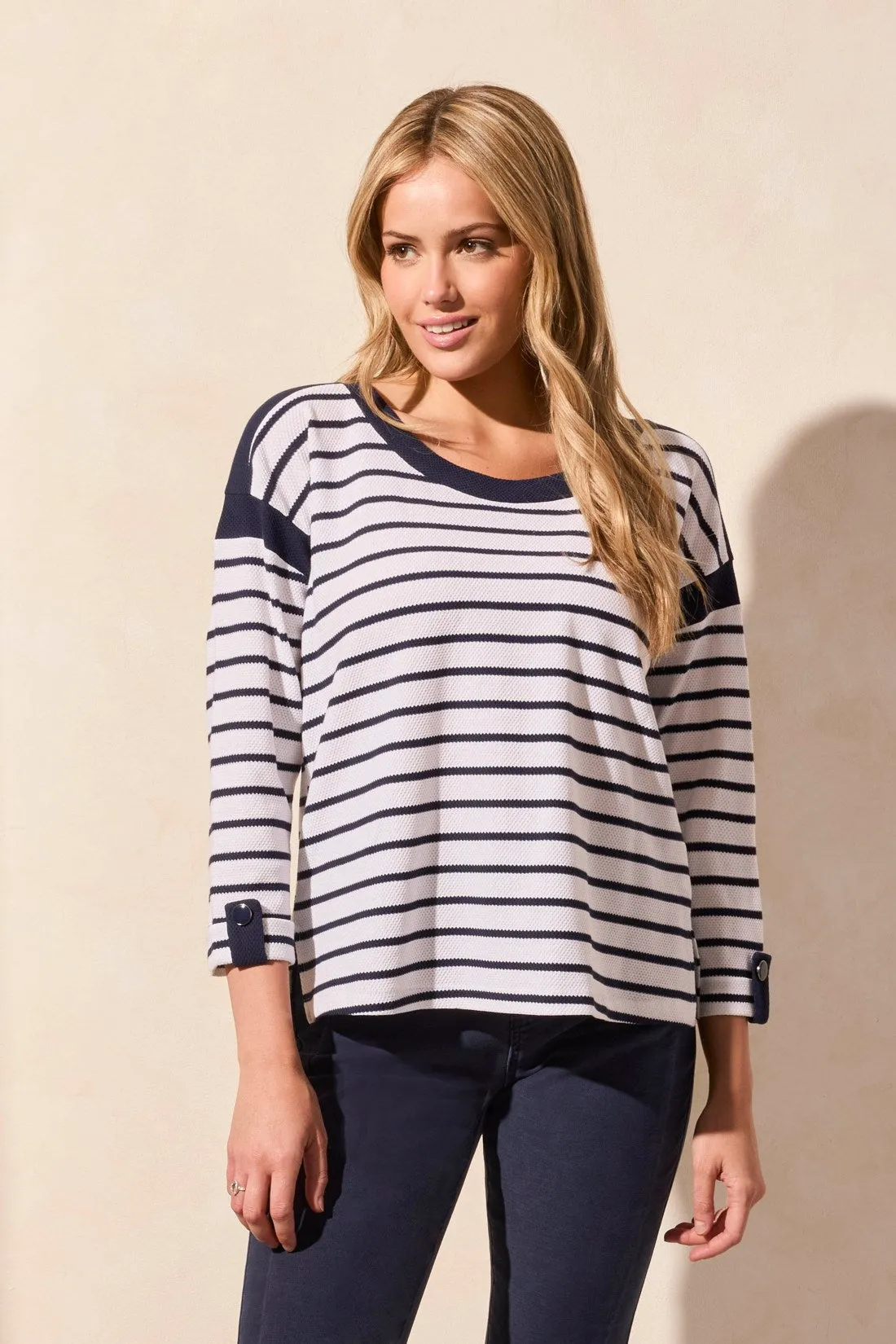 3/4 Sleeve Waffle Knit Boat Neck Top-Jet Blue sold by Tribal product image thumbnail 2