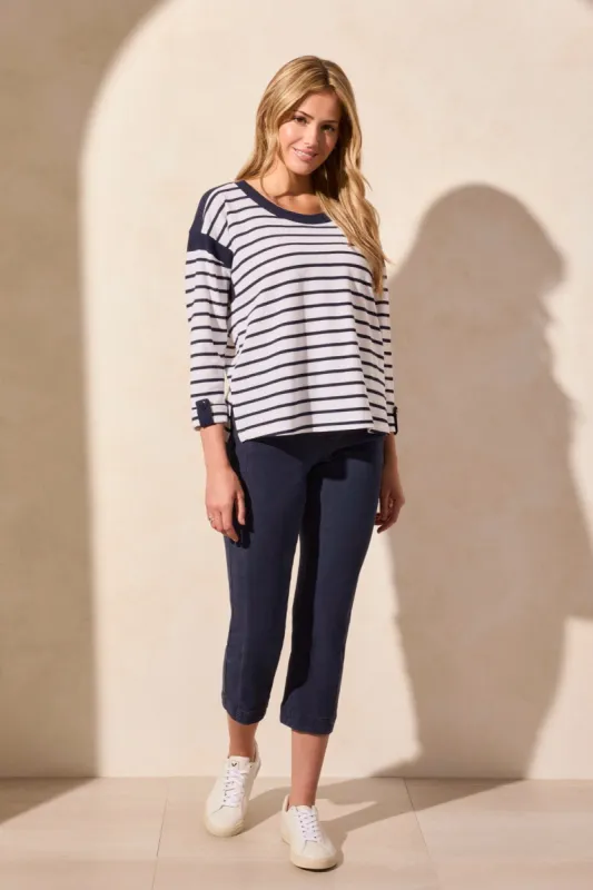 3/4 Sleeve Waffle Knit Boat Neck Top-Jet Blue sold by Tribal